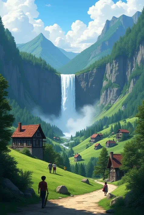 Some houses with people in outside of big waterfall landscapes and valleys 