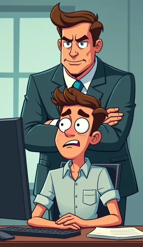 The man wearing office casual clothes was seen sitting in front of a computer. His eyes widened as if in confusion .  The boss is seen standing behind him with folded arms,  looks at him with a serious expression or gives directions , while the man looks n...