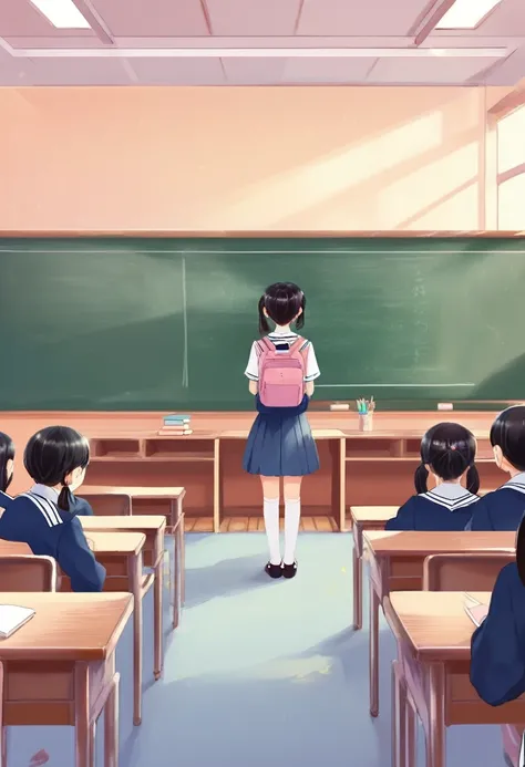 a girl wearing a seifuku uniform sat alone in a quiet classroom staring at the blackboard.,. cheerful, digital art, book illustration, HD, Illustration, soft color, pastel color