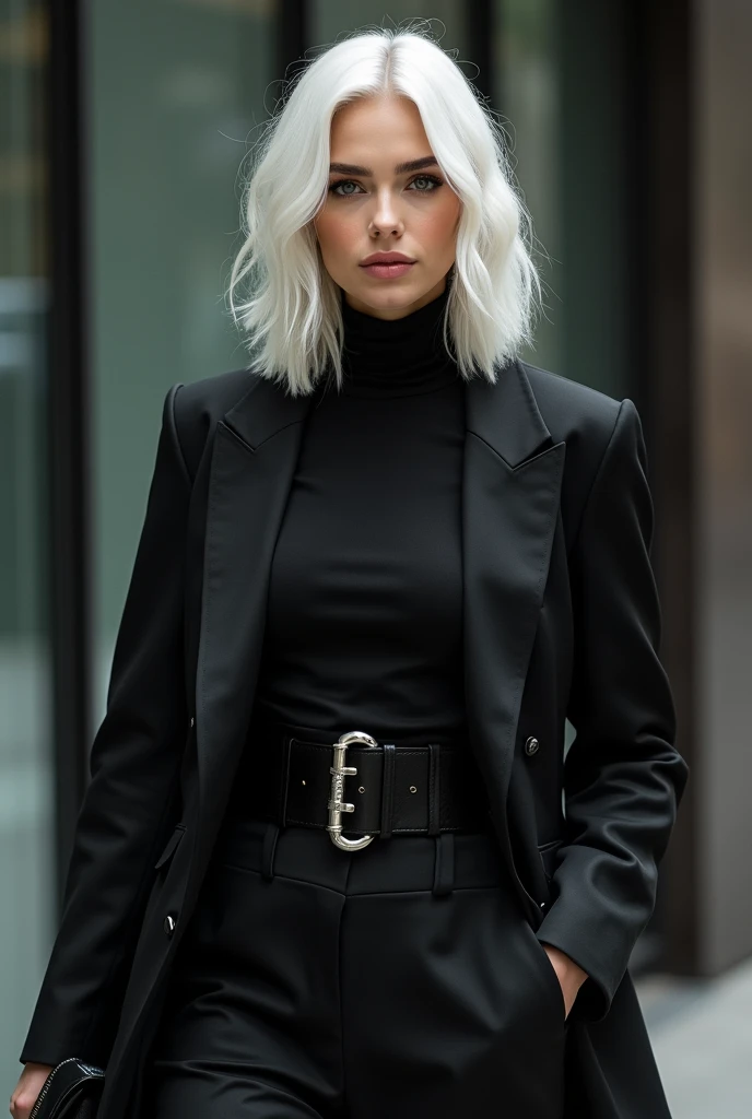 A beautiful young woman, she is a corporate boss, dressed very elegant but very gothic in corporative style. Black colors. She has white hair and a gorgeous and feminine face. She walks in to the office with confidence.