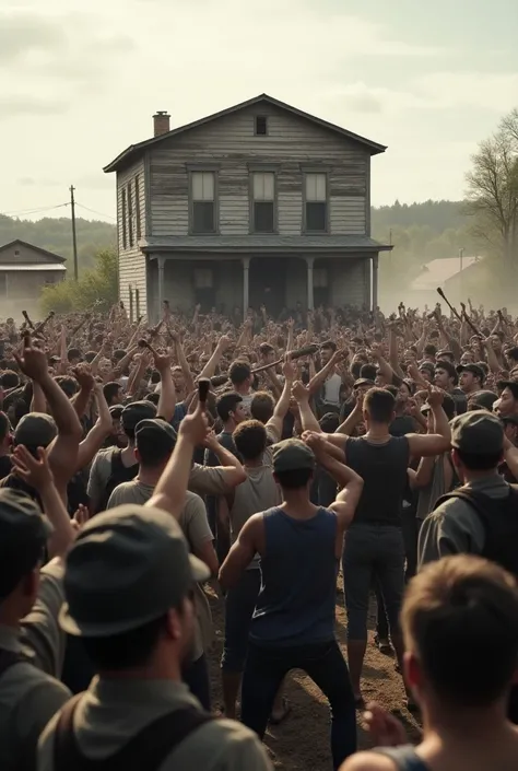  many people with  ,  sticks and stones shout angrily and with their hands up in front of a rural police station in the year 1910