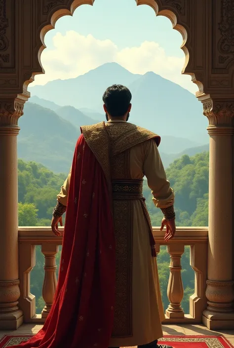 "Determined and brave, King Vikram Singh stands on a palace balcony overlooking his kingdom. With a serious expression, he has decided to seek the hidden treasure for the welfare of his people. The kingdoms landscape is visible behind him, showing a lush f...