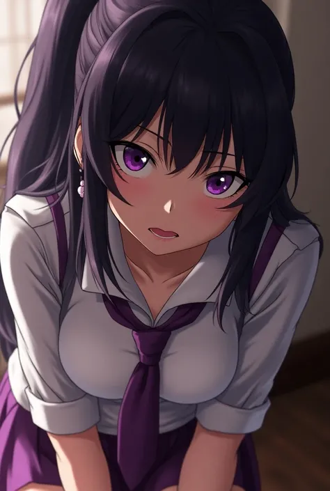 hyuuga hinata, scare face, face, face, extreme detail features, purple lipstick, purple eyeshadow, heart shape stripper earrings, slutty uniform, leaning over, drooling, cleavage, really high knee high heels, horny, extreme orgasm, uncontrollably orgasm, c...