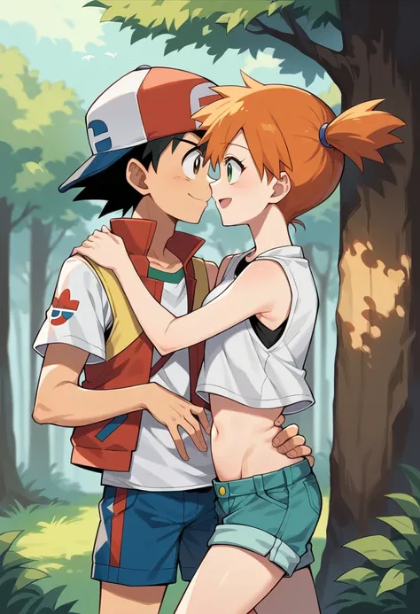 1boy, ash ketchum, black hair, brown eyes, hat, baseball cap, shirt, white shirt, t-shirt, jacket, sleeveless jacket, shorts, blue shorts 1girl, misty pokemon, orange hair, side ponytail, green eyes, white crop top, belly button, blue jeans shorts photogra...