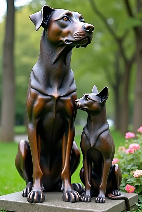 A gorgeous bronze statue of a dog and a cat