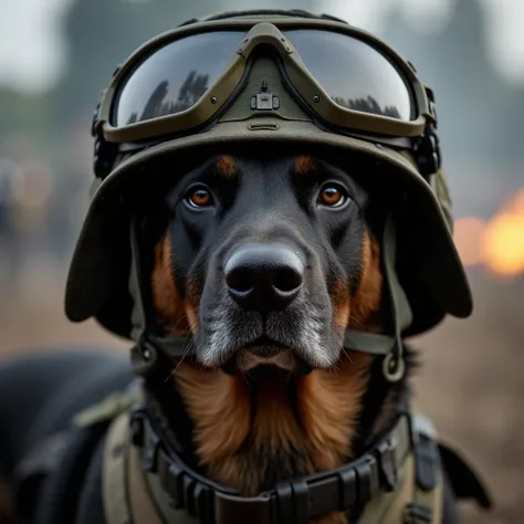 "Close-up of a dark brown and black German shepherd face in a war setting, wearing a tactical helmet and military goggles. The dog has a serious, determined expression, with details of the helmet and gear visible. In the background, there is a subtle hint ...