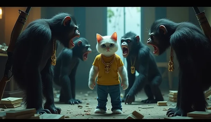 Style: Realistic, cinematic, dark, sharp concept art Details: Medium shot: The father cat smash chimpanzees, inside the house. Character: The father cat, white matted fur, sad face, big blue eyes, standing on 2 leg, outfit: blue jeans, yellow t-shirt, BREA...