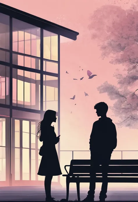 silhouette, black silhouette of a teenager in love, romantic, couple standing in font of school building digital art, book illustration, HD, Illustration, soft color, pastel color