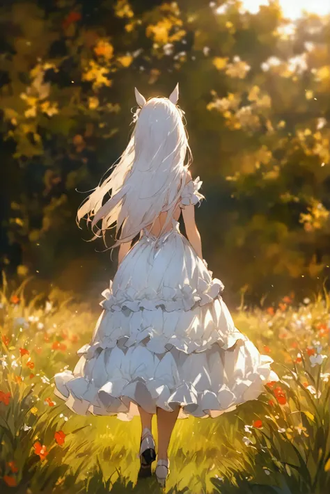 White-haired beauty， Double ponytail long straight hair，Tall figure，Walking on the lawn with a rein ，The White Horse，Lolita，Lolita鞋，Full body close-up，Long skirt