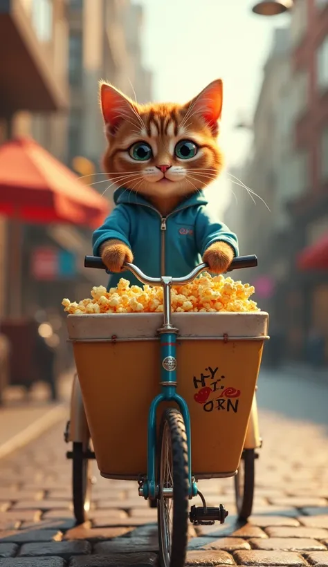 Creat a popcorn seller brown cat wearing blue outfit, sit on bicycle of popcort cart, many popcorn packets in his cart, the atmosphere in the scene is cinematic and trendy, photorealistic.