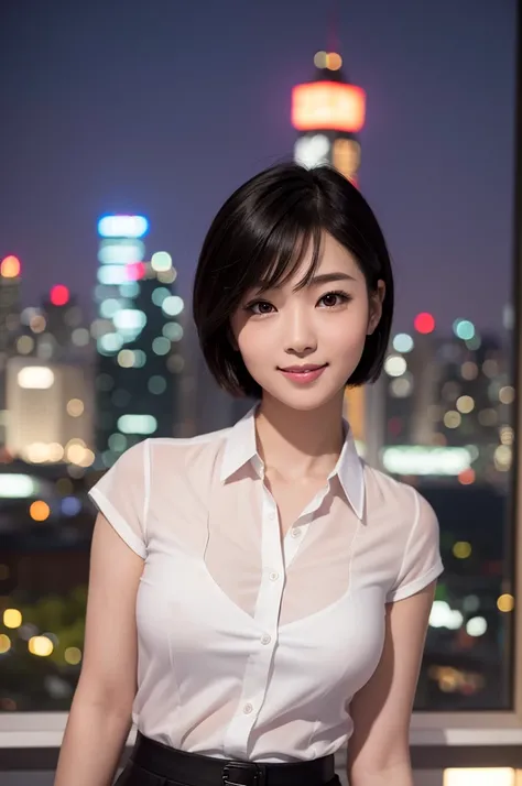 (Super real, real photo, professional photographer) One Japanese woman, super beautiful, realistic face, short beautiful hair, super fine skin, dress shirt, Leggings, beautiful body, beautiful night view, blurred background, upper body shot, seductive expr...