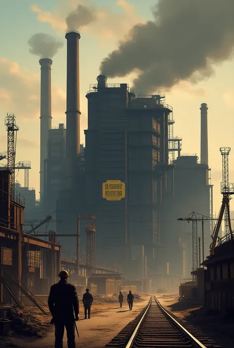 "Illustration of the Carnegie Steel Companys flagship mill or facility, with:
Billowing smokestacks
Bustling industrial activity
Steelworkers in action
A prominent sign or logo reading Carnegie Steel
Incorporate subtle hints of growth and expansion, such a...