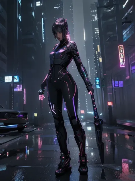 ((masterpiece、Best Quality、Super fine、 high resolution on down、 photorealistic、 sharp concentration、 Movie Lighting))、((1 female、Bust))、 Wore Cyberpunk Suits 、 Holographic Display 、Mechanical Arm、knifeを持っている,  Hi-Tech Machines 、 cyberpunk、広大な cyberpunk大都市、...