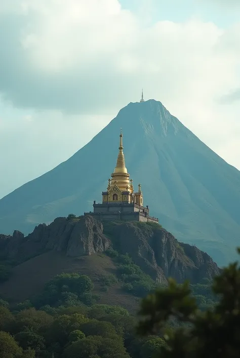 (A landscape photo)In Myanmar,there is a volcano,a Pagoda is situated back of this volcano ,in a cloudy day, 
add Sun with soft lighting top of the volcano.Detail the Volcano and Pagoda.
