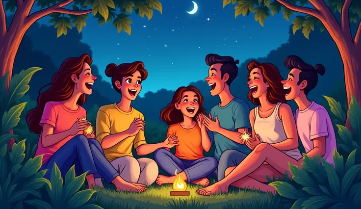 Make a 2d Illustration about people at night colorful, theyre laughing together, with leaves, trees, and grass detail