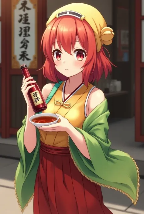  anime style, girl( hairstyle is bob,Unshaven, hair color is pale red ,Her skin is pale and shiny,Yellow headscarf , A red sake bottle with alcohol in both hands Gently carry it to your mouth with the palm of your hand {x} wear a bell with a green sleeve e...