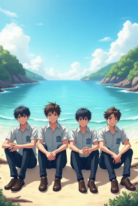 "Four 20-year-old boys in school uniforms are sitting by the seashore."

