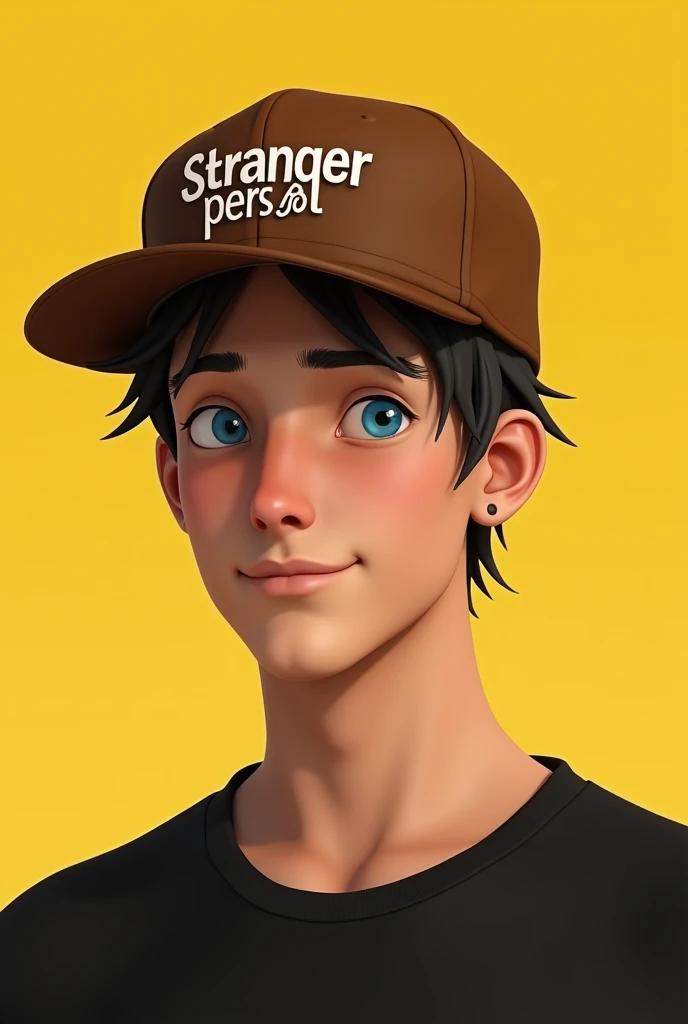 A young boy. His age is 22 years.  He owns it.  There is a brown cap with stranger Person written on it.  Has blue eyes.  He is wearing a black shirt.  There is a mole on the left side of the neck.  The background is light yellow.  His skin color is white