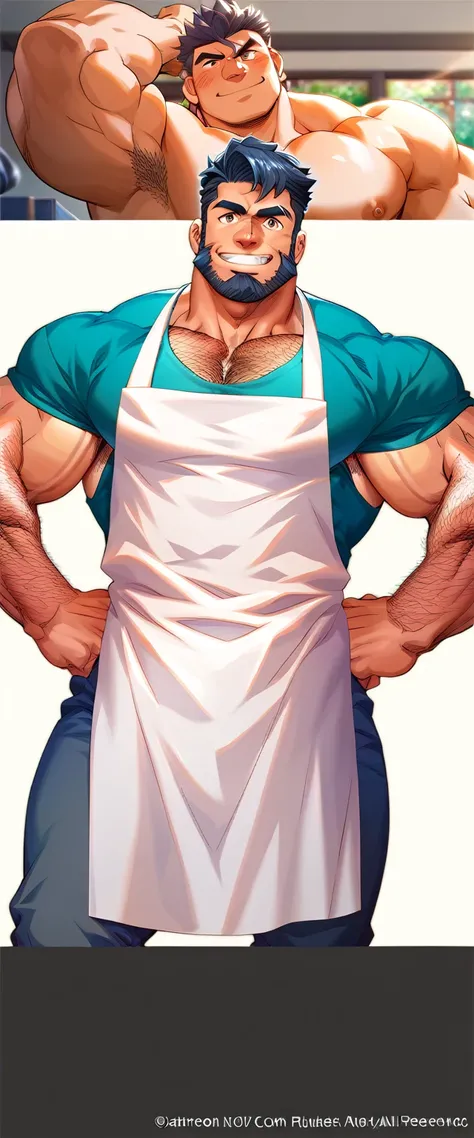 zeke_hunter, looking at the spectator ,smile, male approach ,apron,muscle shirt, pectoral muscles,muscle shirt male,only,yaoi, hands on hips ,naked apron,hairy armpits,bulto,  (8K, raw photo, extremely high quality), (((elegant:1.4))),  The best quality, o...