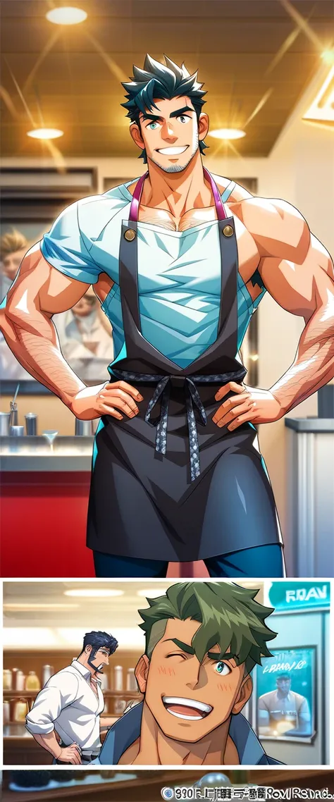 zeke_hunter, looking at the spectator ,smile, male approach ,apron,muscle shirt, pectoral muscles,muscle shirt male,only,yaoi, h...