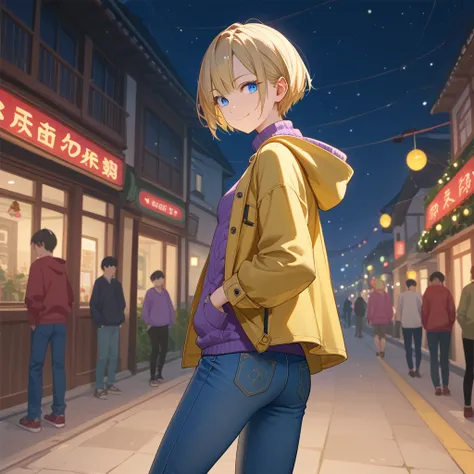 １A woman in her 30s、 very short cut hair 、 Christmas、night、 blue eyes、Rear view、Blonde、closed-mouth smile、( small breasts)、 Slim Body 、 yellow hooded half coat、 loose purple knit sweater、no damage jeans