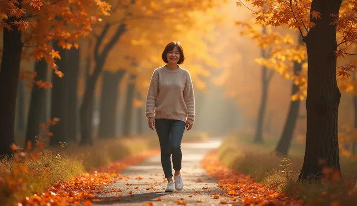  Beautiful short Korean woman in her 40s. short medium length hair.  Wearing a very detailed , (Realistic, Realistic, Realistic: 1.37),  autumn leaves ,  brown hair , A gentle smile,  People who love nature , Luxury luxury sweater , Golden sunshine,  Whisp...