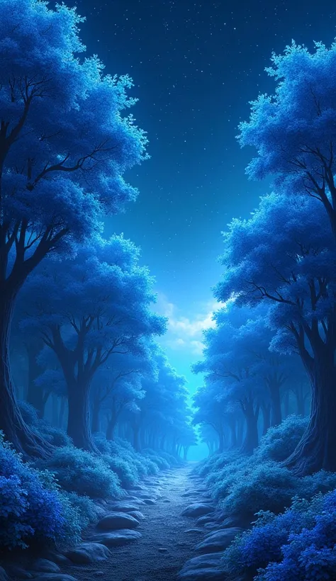 A forest of blue leaves and the night sky full of stars 