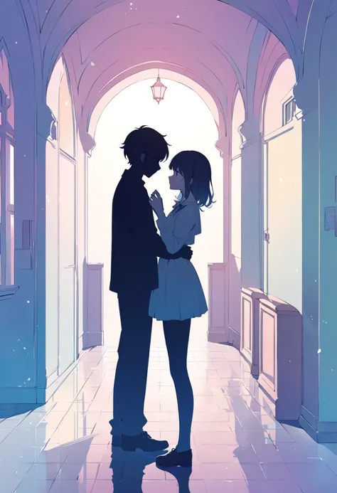 silhouette, black silhouette of a teenager in love, romantic, couple standing in font of school building digital art, book illustration, HD, Illustration, soft color, pastel color