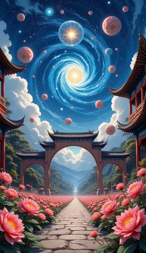 Starry Gate perspective， Deep Starry Sky Dream, Nuclear City ， giant crystal ball shrouded ，Islands in the air， Street side is full of strange flowers and plants ，Full of life， Oriental romance blends with a sense of future，Curved corner ，Carved beams and ...