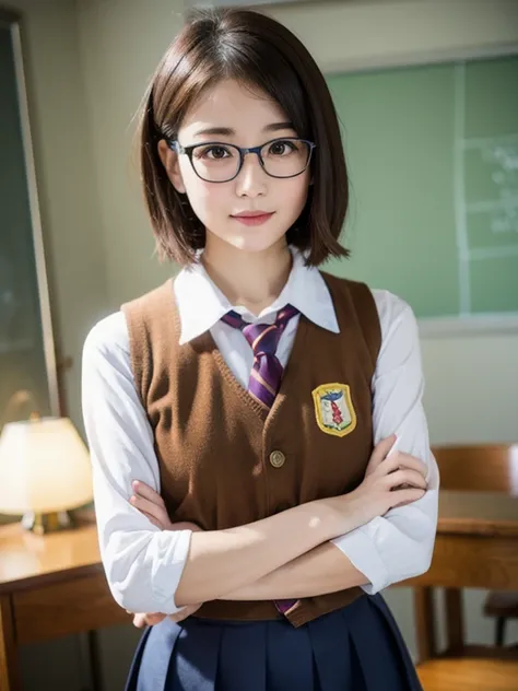 best quality, face focus, soft light, ultra high res, (photorealistic:1.4), RAW photo, 1japanese girl, solo, Chōkawaī, (shy smile:0.5), (brown eyes, lights in the eyes), detailed beautiful round face, glasses, (small chest),(high resolution detail of human...