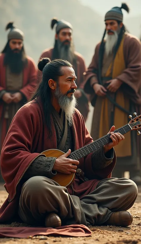 



Bad News in a Song:** A traditional Mongolian musician sitting cross-legged, playing a horse-head fiddle while sorrowfully singing the news of Genghis Khan’s son’s death. Khan listens, visibly stricken, with a tear in his eye, while his counselors and ...