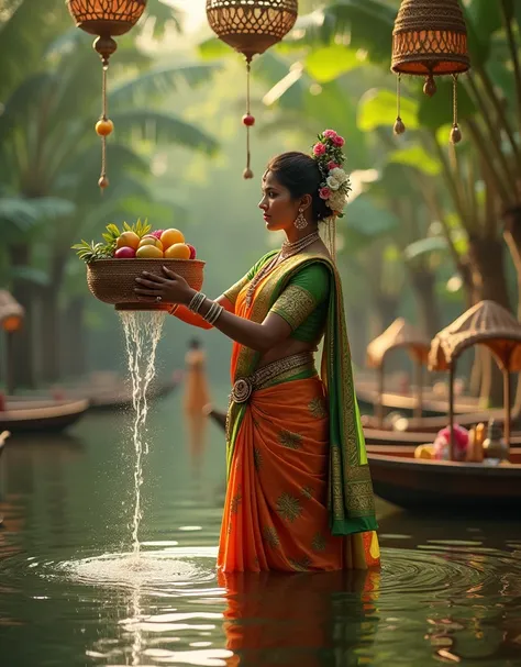 Here is a prompt that captures the details of this image:

A stunning depiction of an elegant, traditional Indian woman standing knee-deep in tranquil water, surrounded by a lush tropical landscape. She wears a vibrant orange and green saree, adorned with ...