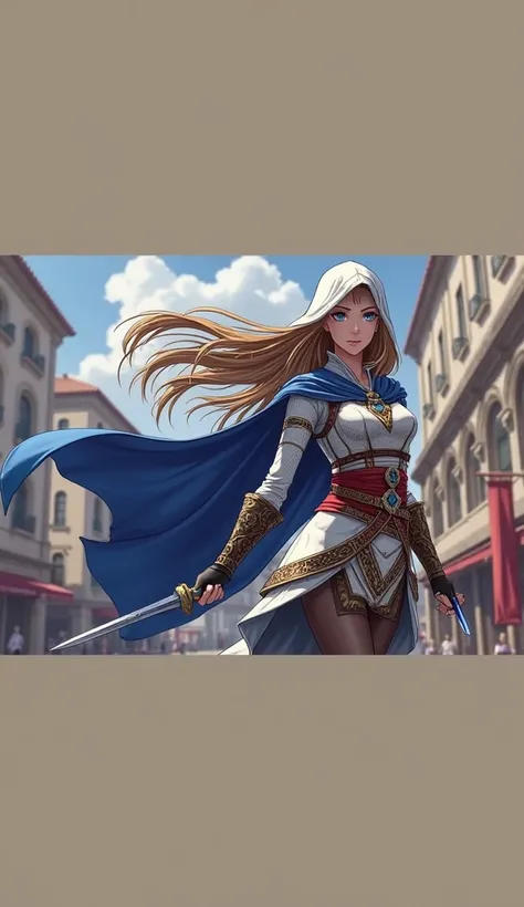 Princess Zelda full body shot, Brown Hair,  blue eyes, Dressed as an Assassin&#39;s Creed assassin, white+Its gold and 、whiteいマスクと金色のディテールが施されたフード, XL Bust, [Using the blade of his wrist. background: Renaissance city.  Unreal Engine 5 , Anime, Anime style,...