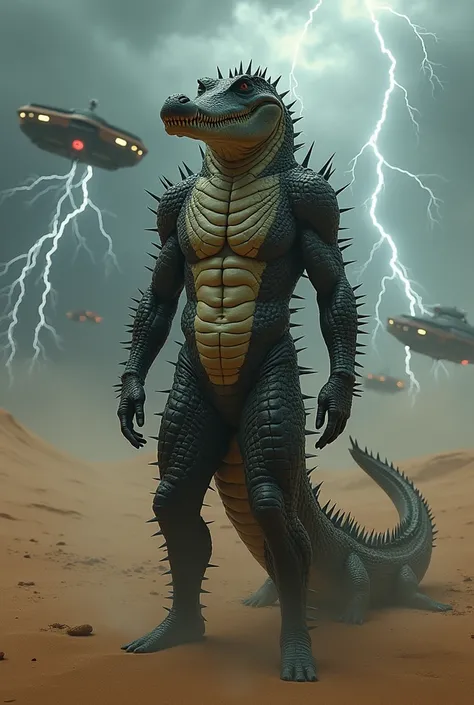 Elon Musk is standing in the desert and looking at a  crocodile and in his background lots of lightning are falling and behind him lots of scary machines are flying. Elon Musk is crocodile looking at the alone Mas ke Sharir Mein crocodile ghus Gaya FIR alo...