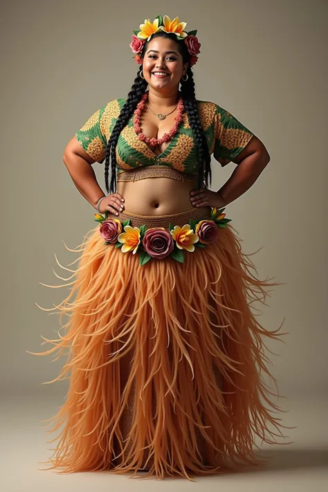 photorealistic full body image of plus size hula dancer, white woman,(Her hair is styled in long box braids), (hands on hips:1.5),(happy smile:1.2),high quality,(happy),(lovely) ,intricate details, (furry), highly detailed ((female hula dance costume)) ,hi...