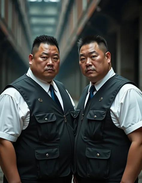  best quality ,  facial focus,  Ultra High Resolution , (Reality:1.4), RAW photo, Two obese Chinese men wearing black tactical vests，Short hair flat head，White shirt，Lips tightly closed，Dark blue tie、 have a serious expression ， facing the camera，Abandoned...