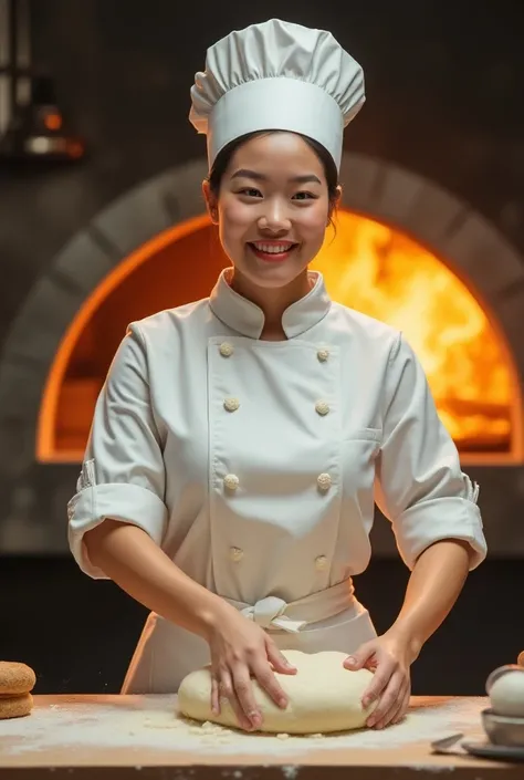 Create an epic realistic image modern happy Asian woman baker making of dough wearing bakery hat and suit with baking oven bg