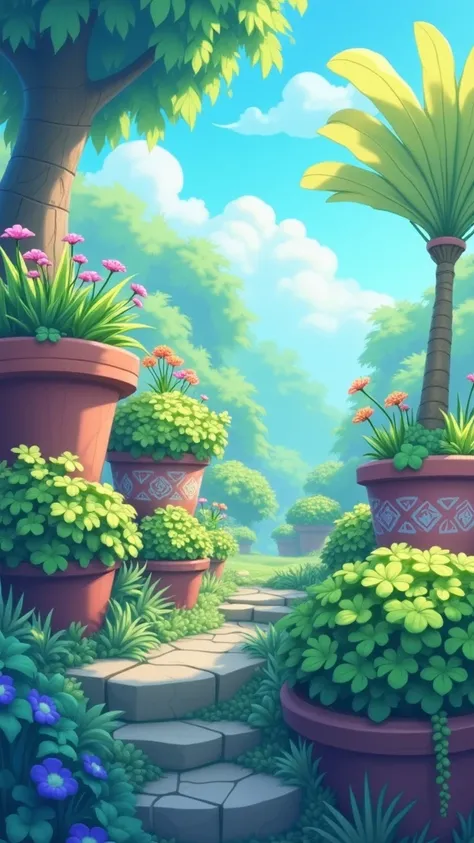 An image of a clean green garden ，fine，Reasonable， high quality ，masterpiece，Potted plants，Thick coating style，Game Background，Hand-drawn