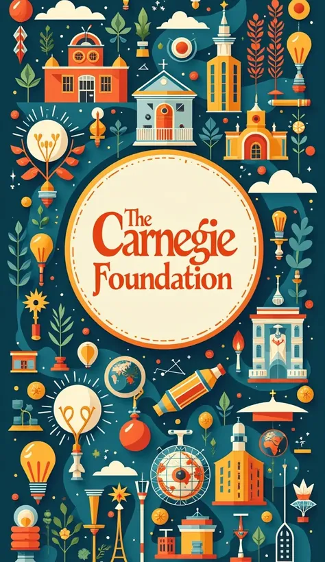 "Illustration of the Carnegie Foundations logo or symbol, surrounded by vibrant, interconnected elements representing:
Education (books, graduates, classrooms)
Research (laboratories, scientists, discoveries)
Arts (paintbrushes, musical instruments, theate...