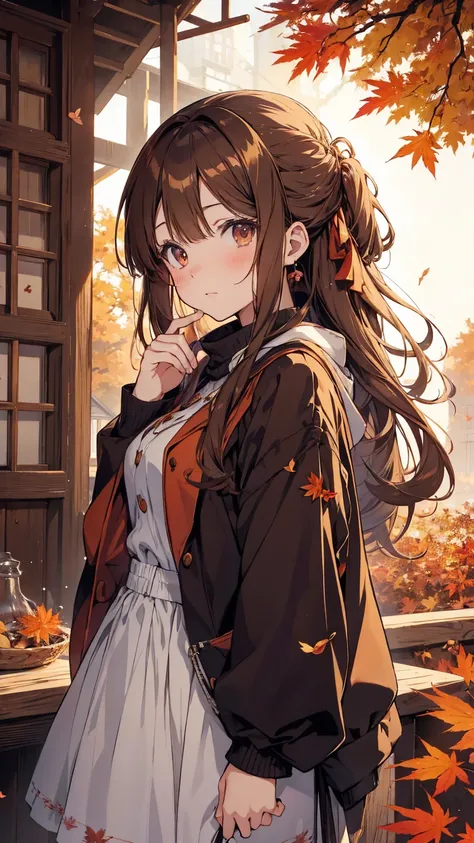 anime girl with brown hair and scan autumn scene, an anime drawing inspired by Ayami Kojima, pixiv, digital art, 🍁 cute, anime visual of a cute girl, anime cover, (anime girl), 🍂 cute, smooth anime cg art, sakimi chan, cute anime girl, visual novel cg, off...