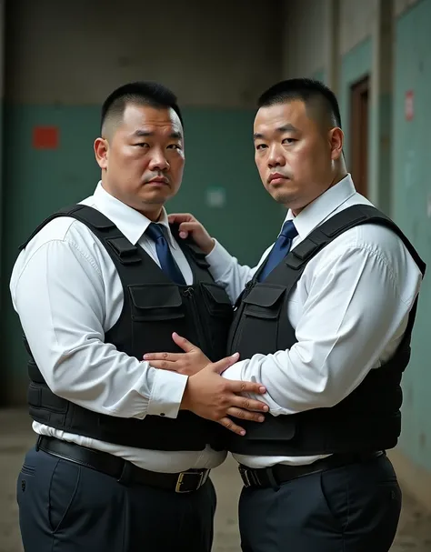  best quality ,  facial focus,  Ultra High Resolution , (Reality:1.4), RAW photo, Two obese young Chinese men wearing black tactical vests，25 years old，Short hair flat head，White shirt，Lips tightly closed，Dark blue tie、 have a serious expression ， facing t...