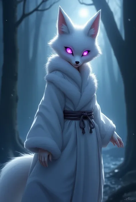 A ninja white fox girl with flashy purple eyes 