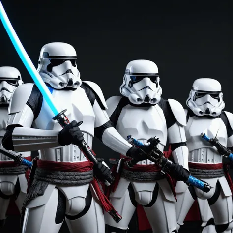 A squad of ornate high-tech Samurai stormtroopers from Star Wars, detailed metallic Katana swords, rifles slung on their backs, warzone, (best quality,4k,8k,highres,masterpiece:1.2),ultra-detailed,(realistic,photorealistic,photo-realistic:1.37),studio ligh...