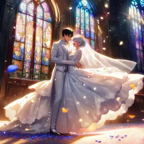 masterpiece, top quality, fine detail, absurd, June bride, height difference couple, full smile, smiling facing each other, kawaii, bride in wedding dress with long lace veil and bouquet and tall groom in white tuxedo, church doors open in background, (sta...