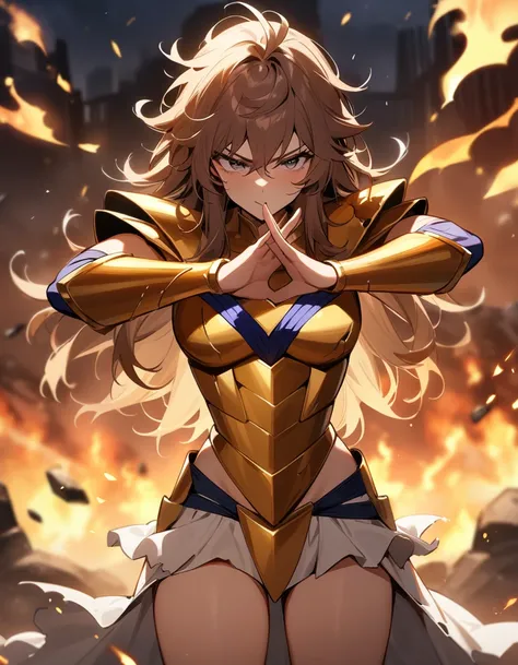 (Masterpiece), (Best Quality), (1 Girl), Girl in Golden Armor, Cool Pose, Battlefield Background, Fire Background, Saint Seiya Armor, Messy Hair, Broken Armor, Ragged Clothes