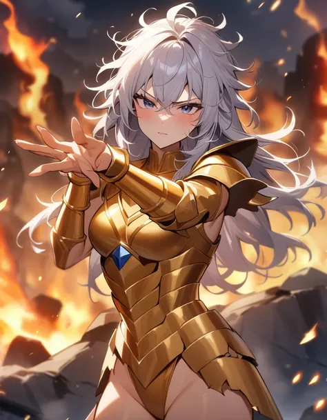 (Masterpiece), (Best Quality), (1 Girl), Girl in Golden Armor, Cool Pose, Battlefield Background, Fire Background, Saint Seiya Armor, Messy Hair, Broken Armor, Ragged Clothes