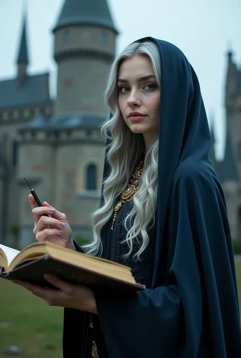 The silver-haired, amber-eyed woman, about 35 years old, with smooth white skin as a witch, wore a black-blue veil at the comb, wore an ornate necklace, her right hand held a wand, her left hand holding an open textbook, behind it was Hogwarts Castle.