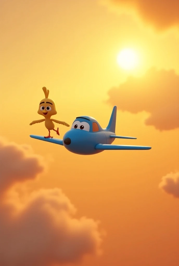 In cinematic 3d cartoon style "Piku and His Friend Bumba the Bird Piku, the small blue plane, flying beside his friend Bumba, a cheerful little bird. They’re gliding together in a warm, golden sunset sky. Bumba chirps happily, and Piku looks adventurous, r...