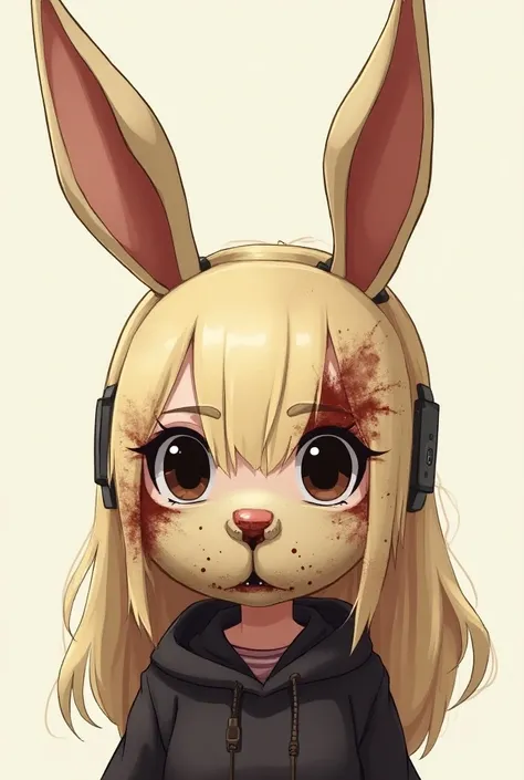 Twitch emote blonde Chibi ,  long hair , ojos marrones,  who wears the mask of the character from Dead by Daylight called the jacket that is shaped like a hare,  that covers only up to the nose ,  the left ear of the mask is slightly broken ,  eyes look da...