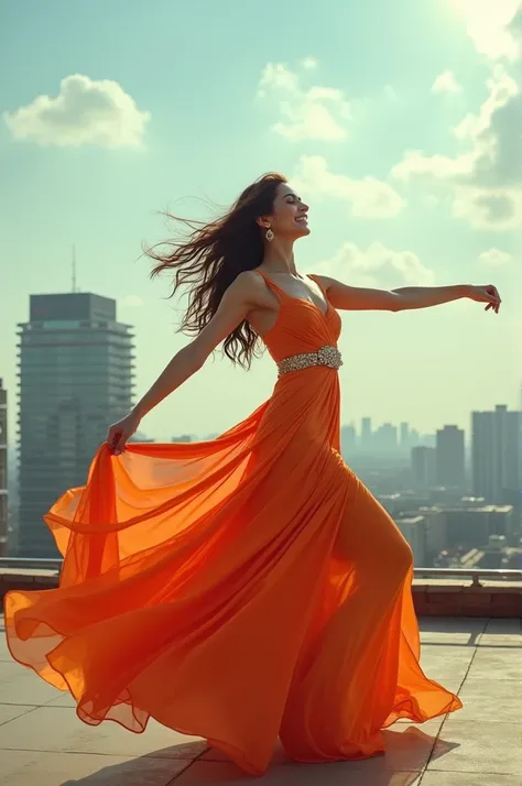 Katrina Kaif wearing a dress and dancing on the roof of a building.